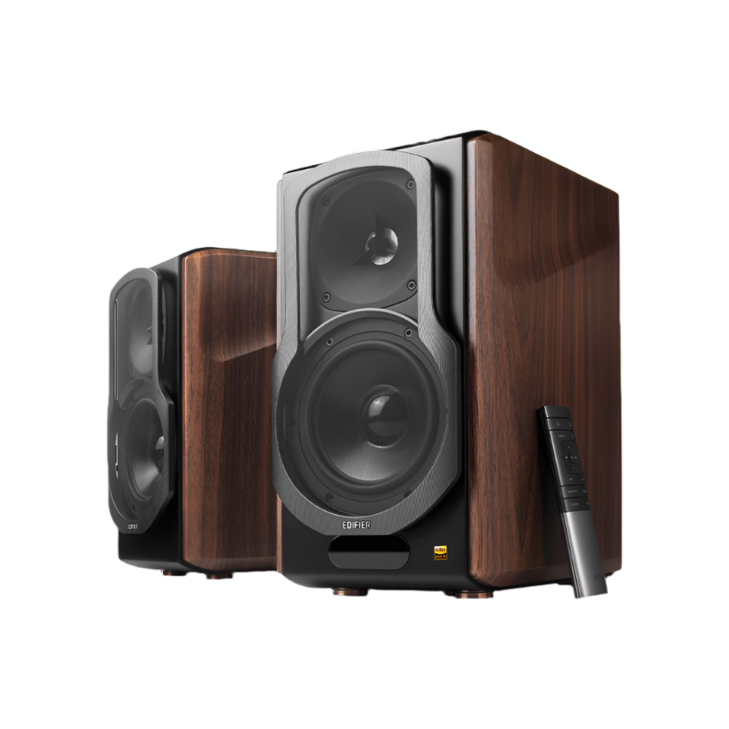 This image showcases a pair of premium speakers with a wooden exterior and sleek design. The front speaker highlights a high-quality driver and tweeter setup, promising superior audio performance. A remote control placed nearby indicates added convenience and smart functionality. Let me know if you need more details!