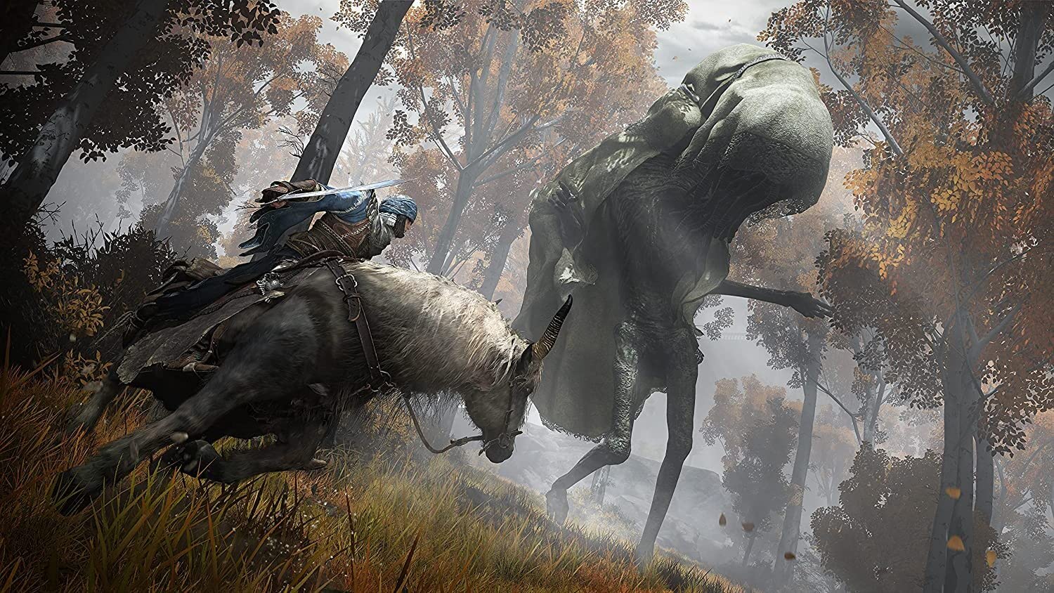 Knight riding a horse in a dense autumn forest, facing a towering, cloaked giant in a dramatic fantasy battle scene.