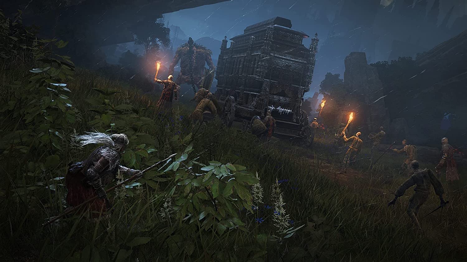 Fantasy battle scene with warriors sneaking and giants pulling a cart at night, featuring intense lighting and shadow effects in a forest environment.