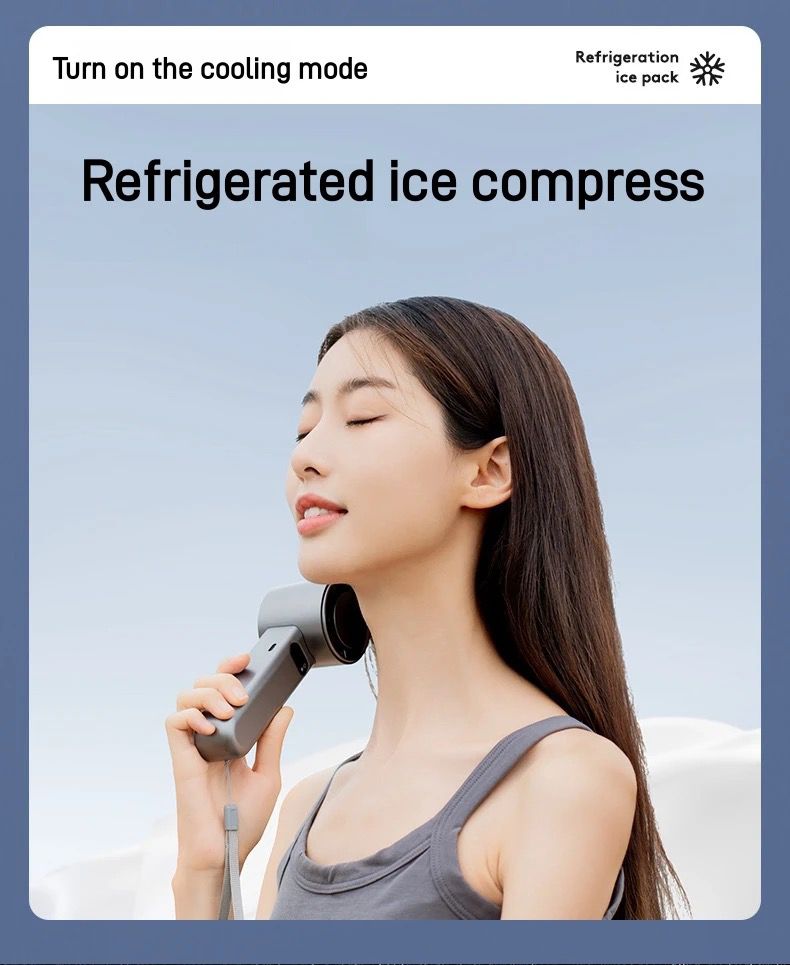 Cooling Mode: The fan can be switched to a mode that provides a refrigerated ice compress effect, ideal for soothing the skin on hot days or relieving stress and tension. Refrigeration Ice Pack: This suggests that the fan incorporates a built-in refrigeration feature, enhancing its cooling capability beyond simple air circulation.