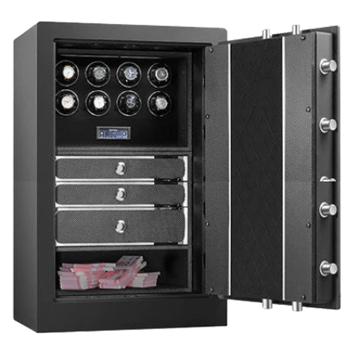  A large, secure safe with an open door revealing a modern and organized interior. The inside of the safe is lined with a textured black finish and contains multiple compartments. The top section features eight watch winders with a digital control panel below them. The middle section has three drawers with sleek metallic handles. The bottom section holds stacks of cash. The interior of the door has a quilted pattern with visible locking bolts.