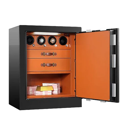  A black safe with an open door showcasing an orange interior. Inside, the safe features two drawers with brown handles and a watch winding mechanism for three watches at the top. The bottom compartment contains stacks of cash and gold bars. The safe door has secure locking mechanisms, providing enhanced security for valuable items.