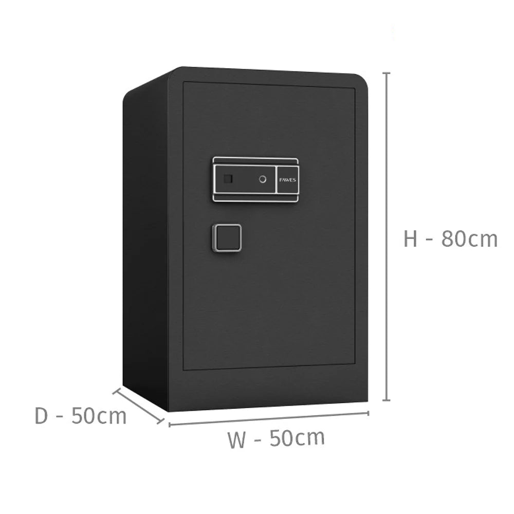 A black safe with a modern design, featuring a front panel with an electronic keypad and a fingerprint scanner. The safe's dimensions are indicated as 80 cm in height, 50 cm in width, and 50 cm in depth. The minimalist design and secure features make it suitable for home or office use.