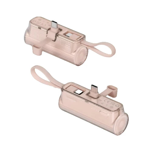 Pink portable USB-C charging accessory with a compact design and keychain loop for easy transport.