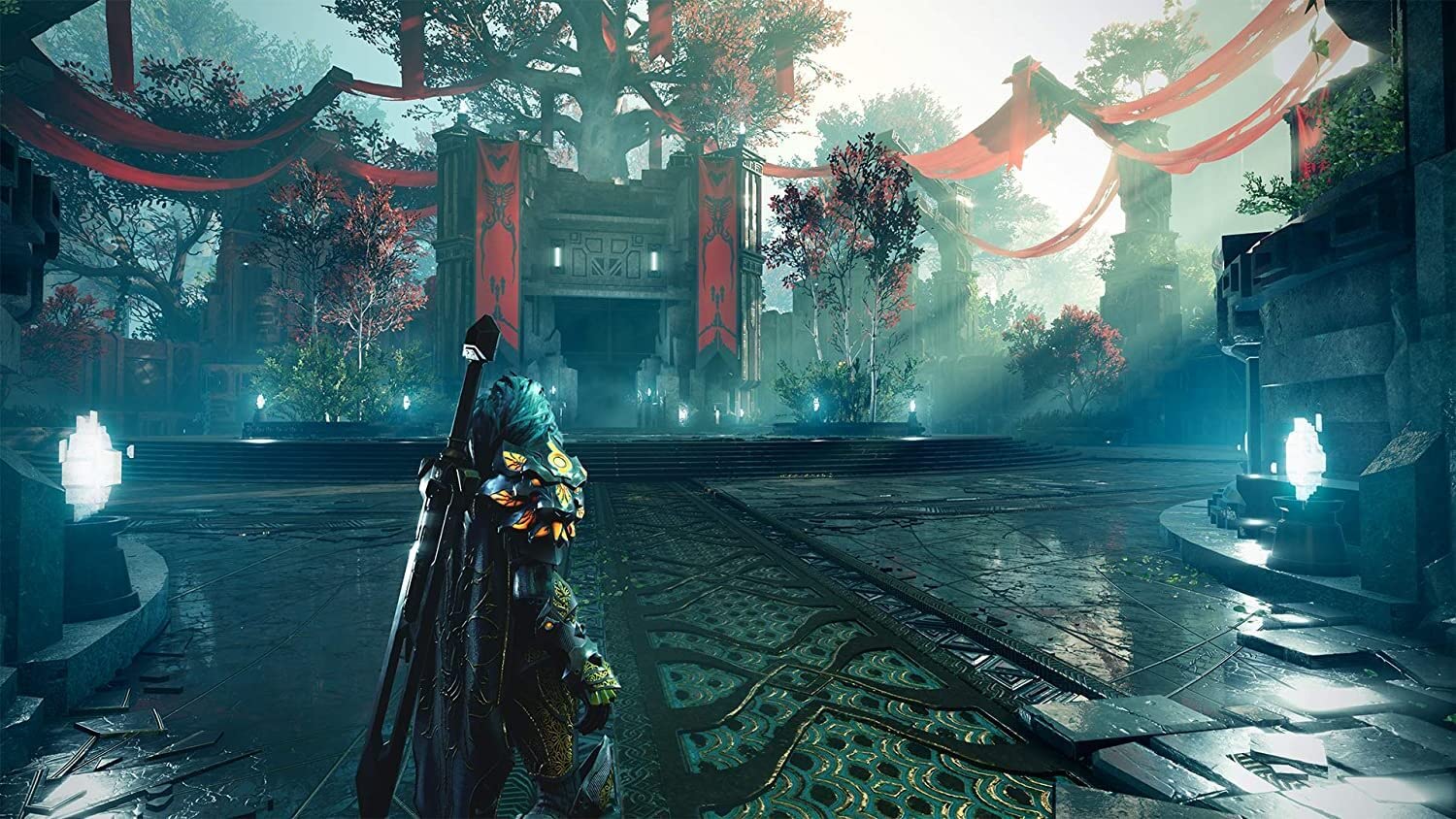 This image shows a warrior clad in ornate, heavy armor, standing in a majestic and grandiose setting. The scene features a large stone courtyard with intricate patterns and a towering structure in the background, adorned with vibrant red banners draped between lush trees. Rays of sunlight filter through the foliage, illuminating the area and creating a mystical ambiance. The setting exudes a sense of grandeur, with blue glowing crystals adding a magical element, suggesting an epic quest or battle is about t