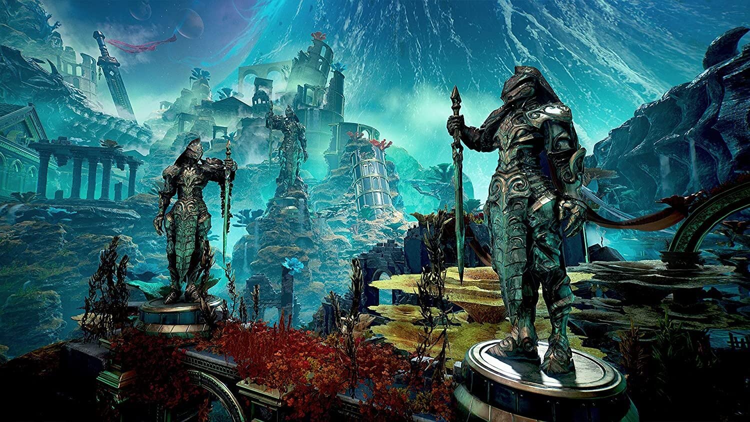 This image features an elaborate and mystical landscape, likely from a fantasy or action-adventure video game. It showcases two towering statues of armored warriors, holding spears and standing on pedestals surrounded by ancient, overgrown ruins. The scene is bathed in vibrant hues of blue and teal, with an otherworldly sky above and vegetation in rich reds and greens below. The environment appears both beautiful and foreboding, hinting at the game's exploration and epic combat themes.