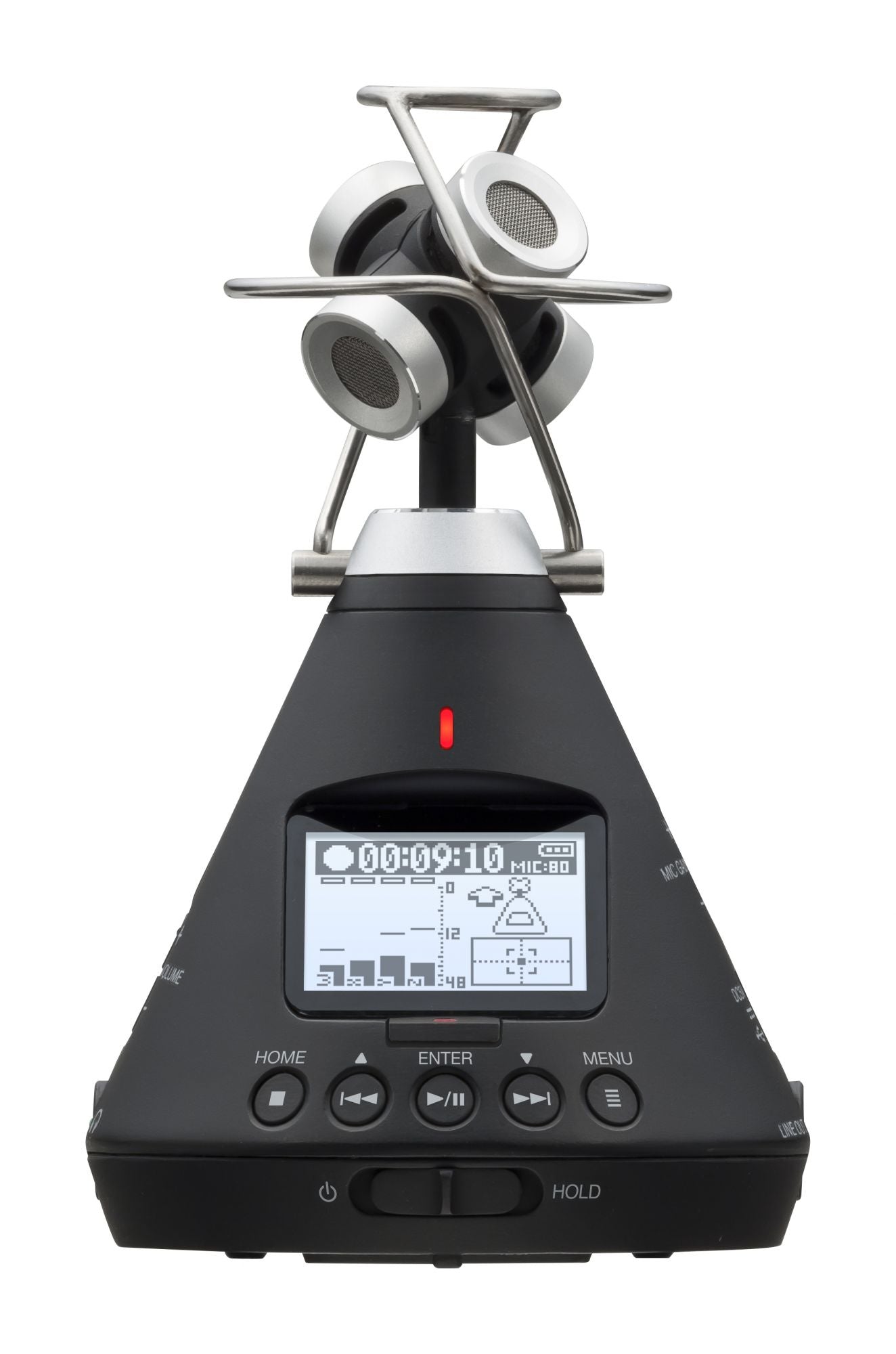 Front view of the Zoom H3-VR Handy Recorder, featuring a built-in ambisonic microphone array with four microphone capsules arranged in a tetrahedral configuration and supported by a metallic frame