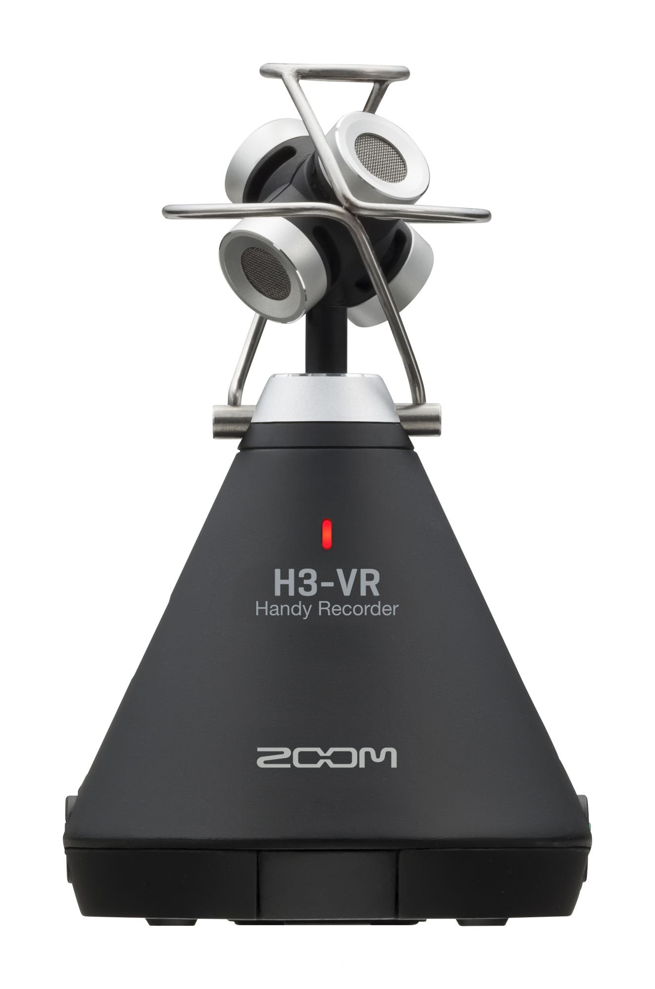 Front view of the Zoom H3-VR Handy Recorder, featuring a built-in ambisonic microphone array with four microphone capsules arranged in a tetrahedral configuration and supported by a metallic frame