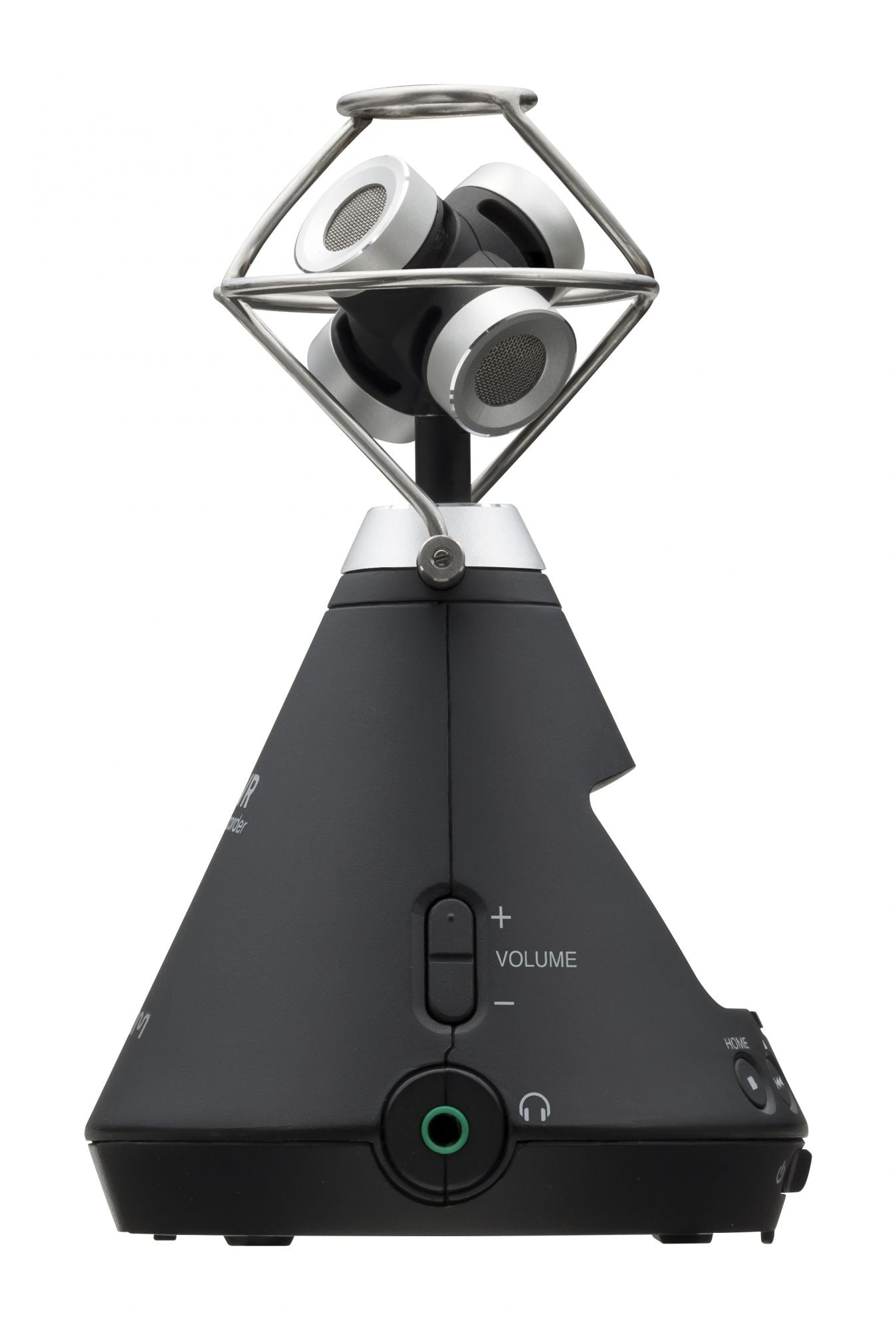 Side view of the Zoom H3-VR Handy Recorder, featuring a built-in ambisonic microphone array with four microphone capsules arranged in a tetrahedral configuration and supported by a metallic frame. 