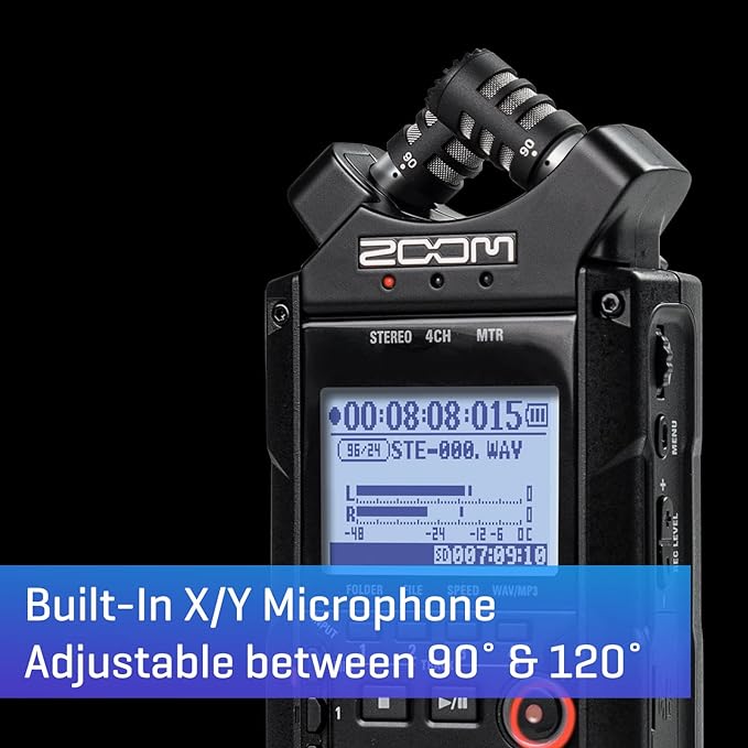 Close-up of the Zoom H4n Pro Handy Recorder highlighting its built-in X/Y microphone, adjustable between 90° and 120°, with the LCD screen displaying recording settings.