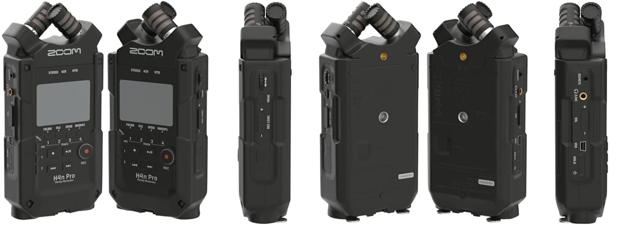 Multiple views of the Zoom H4n Pro Handy Recorder showcasing its front, side, and back profiles. The front view highlights the dual XY stereo microphones and LCD screen, while the side views display various input/output ports and control buttons.