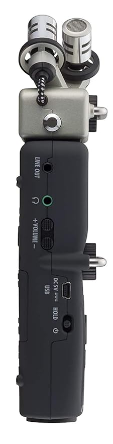 Side view of the Zoom H5 Handy Recorder displaying input/output ports such as USB, line-out, headphone jack, external control input, and an XY microphone capsule attached at the top.