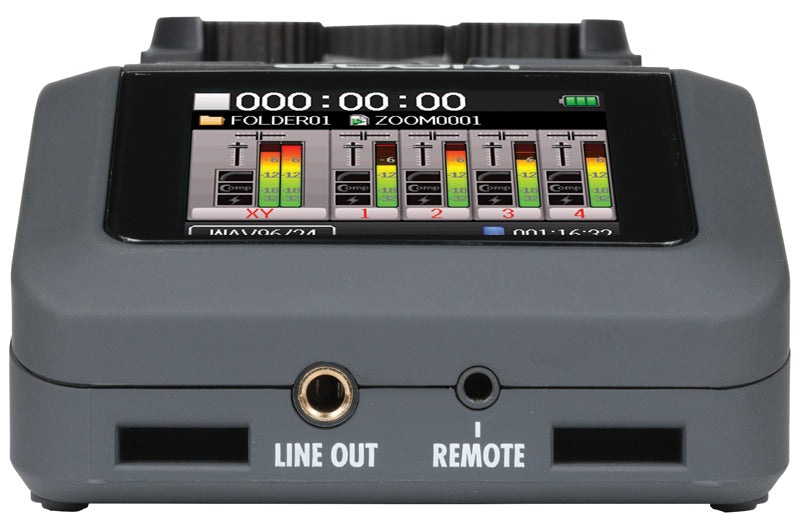 Close-up view of the Zoom H6 Handy Recorder's LCD screen, showing detailed audio level meters for the XY microphone and four additional inputs, with the Line Out and Remote ports visible below the screen.