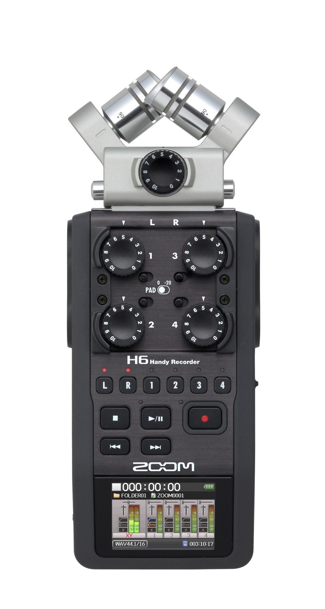 Zoom H6 Handy Recorder with an interchangeable microphone system, featuring a central control panel with multiple dials, buttons, and an LCD screen displaying audio levels.