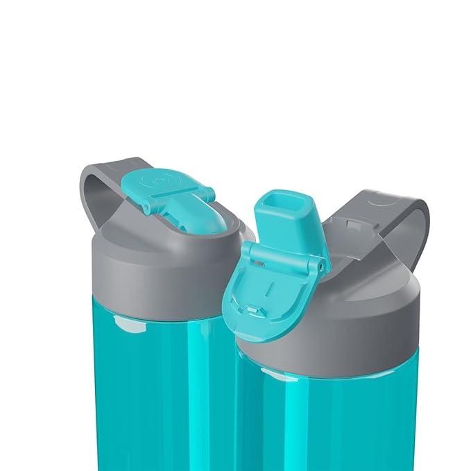 Close-up view of two vibrant aqua water bottles with sturdy, flip-top lids in contrasting grey, showcasing a secure and easy-to-use design. The ergonomic handles are perfect for carrying, while the pop-up spout provides convenient hydration on the go.