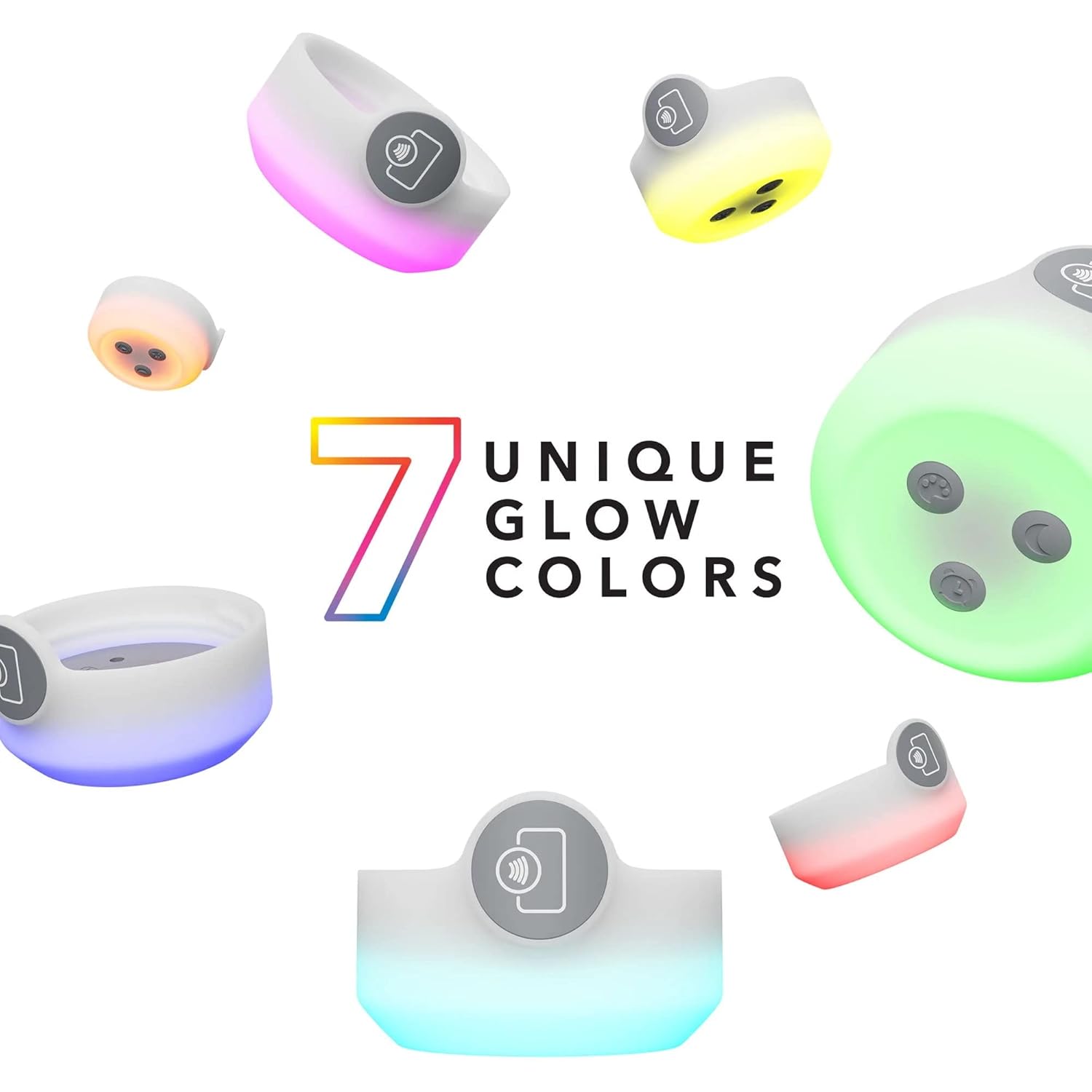 Seven glowing, colorful light features displayed on hydration tracker accessories, showcasing unique illumination options in various shades.