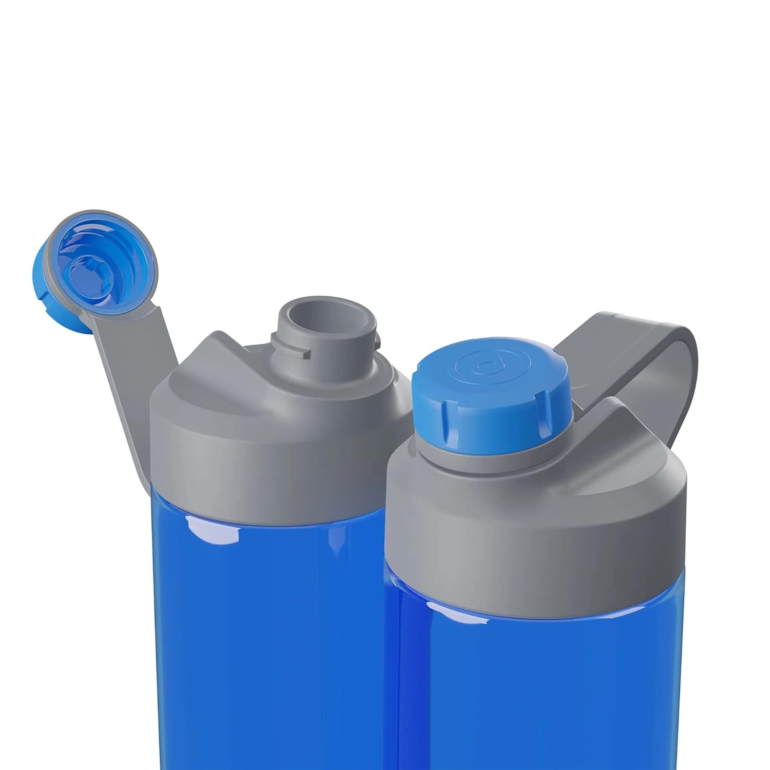 This image features a close-up of two blue water bottles with grey lids. One bottle has its lid flipped open, revealing a wide mouth for drinking or adding liquids, while the other is securely closed with the cap fastened. The bottles appear to be durable and practical for everyday use, possibly intended for fitness or outdoor activities. The design includes a handle on the lid for easy portability.