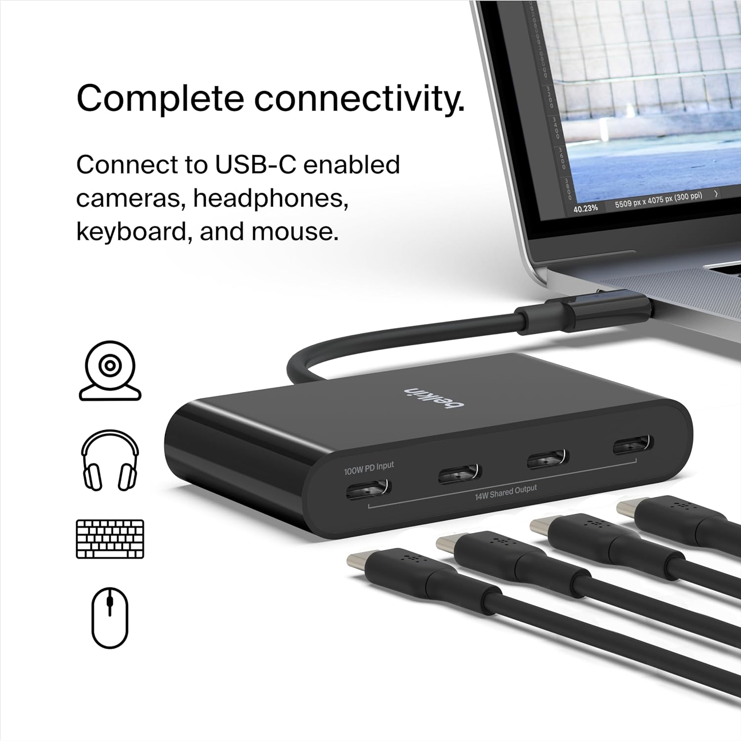 USB-C hub for complete connectivity, supporting cameras, headphones, keyboards, and mouse, ideal for expanding device compatibility.