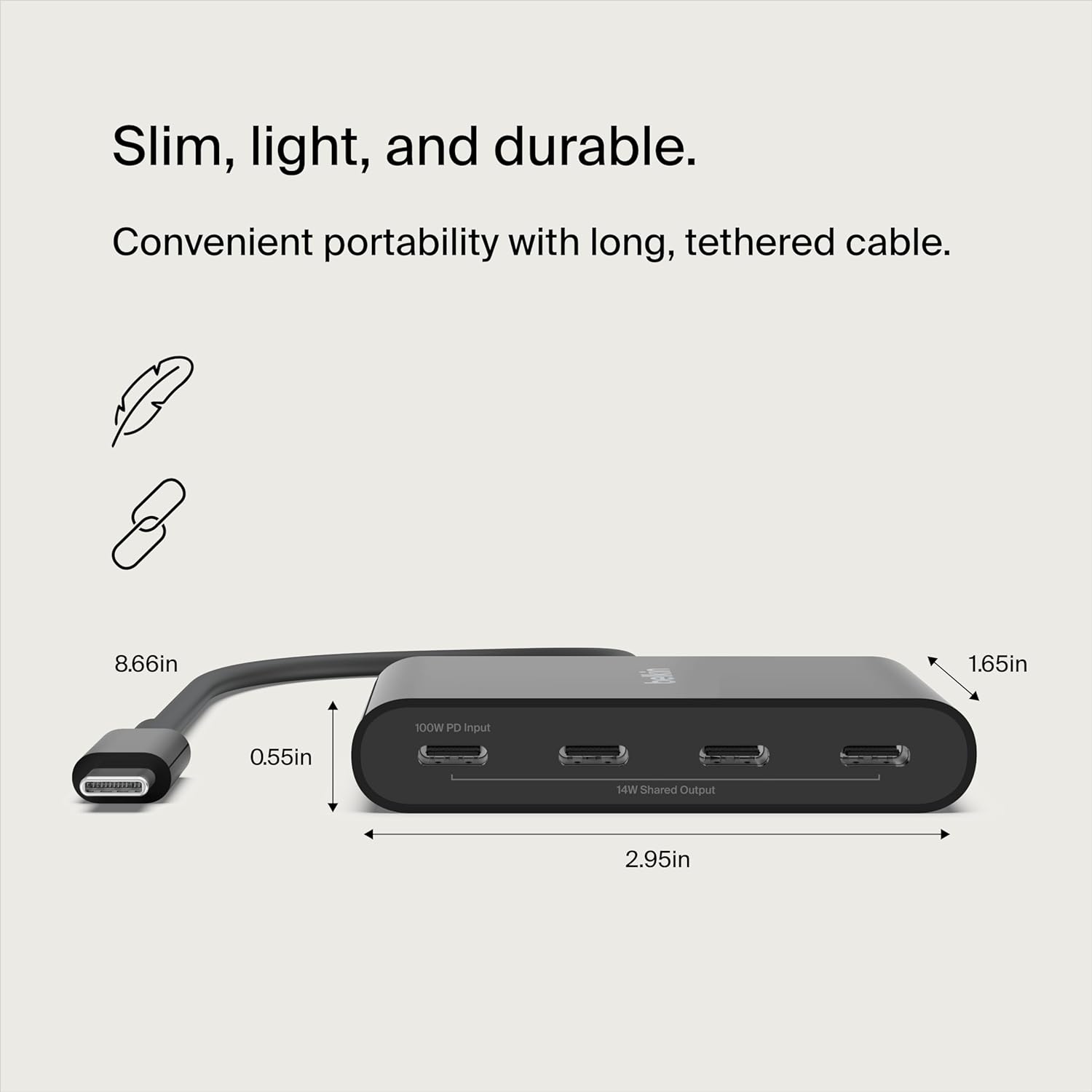 Here’s the alt text for the product image:

"USB-C hub with 100W PD input and multiple HDMI ports, slim and portable design with tethered cable for easy connectivity."