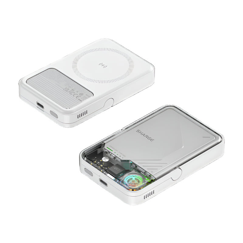 Two views of the SHARGE portable power bank showcasing its sleek white design. One side features a wireless charging pad with a circular pattern for secure magnetic attachment, while the other side has a transparent section revealing internal components, including an RGB-lit cooling fan. The power bank offers a 10000mAh capacity and 30W fast charging support, designed for efficient and stylish on-the-go power.