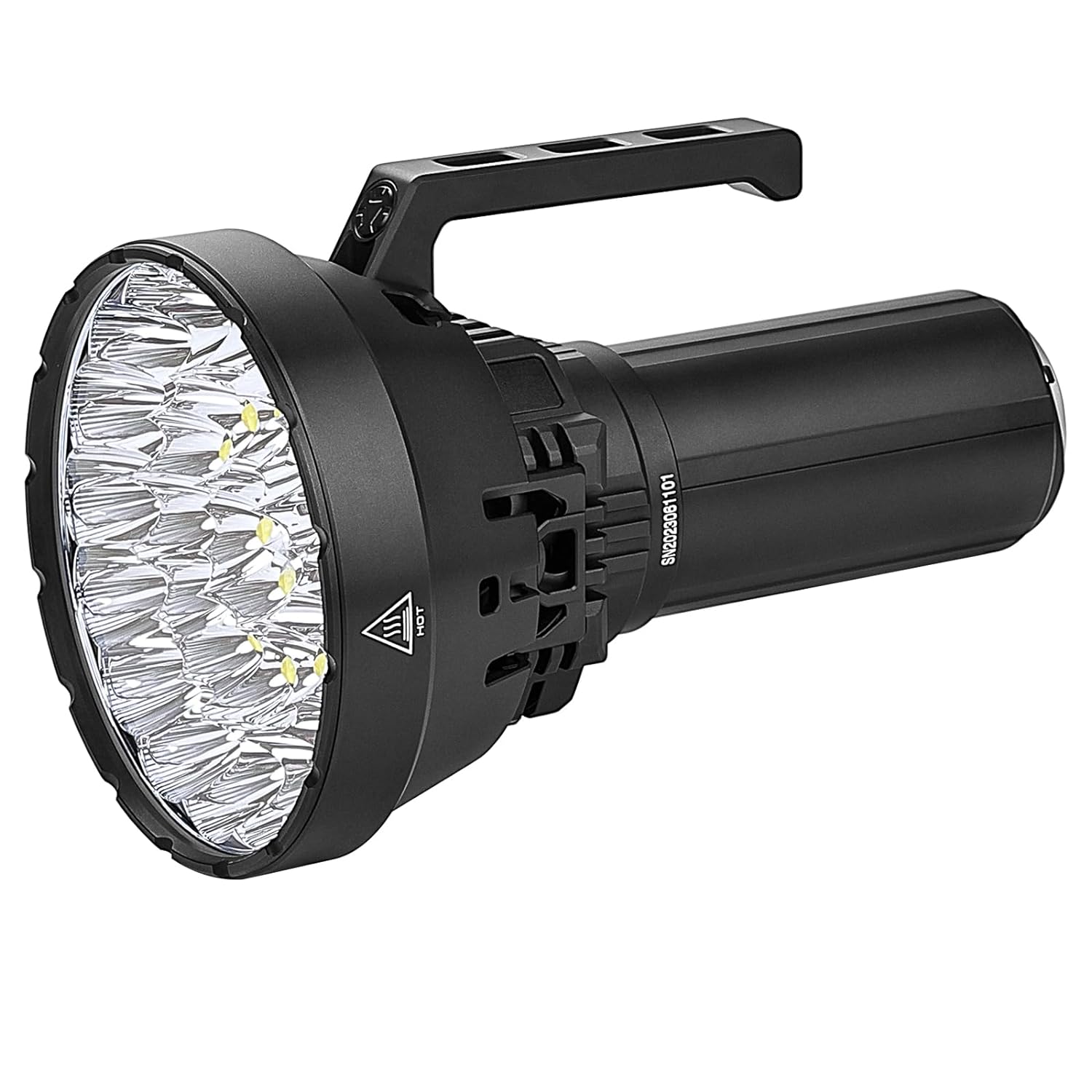 The IMALENT MS32, known as the world's brightest flashlight, featuring a robust black design. It has a large, wide head with multiple LED bulbs arranged in a circular pattern, capable of producing an astonishing 200,000 lumens. The flashlight includes a sturdy handle on top for easy carrying and operation, and its cylindrical body is designed for durability and heavy-duty use, making it ideal for search and rescue operations or outdoor activities requiring intense illumination.