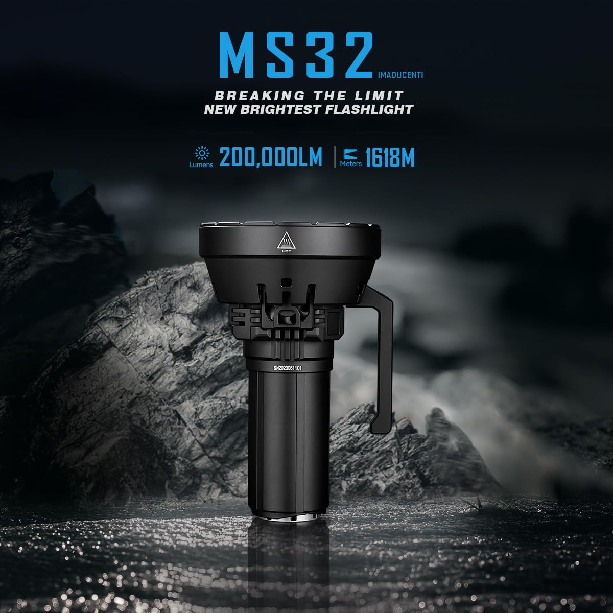 Promotional image for the IMALENT MS32, titled "Breaking the Limit: New Brightest Flashlight." The flashlight is prominently displayed against a rugged outdoor background, highlighting its robust and powerful design. The text indicates its impressive specifications: 200,000 lumens of brightness and a beam distance of 1618 meters. The flashlight features a large head with multiple LED bulbs and a sturdy handle for easy carrying, emphasizing its suitability for extreme lighting needs.