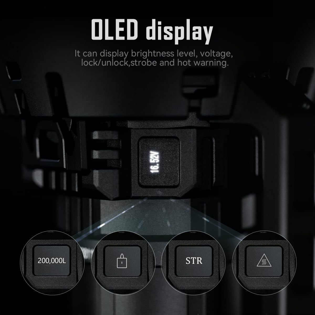  Close-up image of the IMALENT MS32 flashlight's OLED display, showing its ability to indicate brightness level, voltage, lock/unlock status, strobe mode, and hot warning. The display screen is integrated into the body of the flashlight.