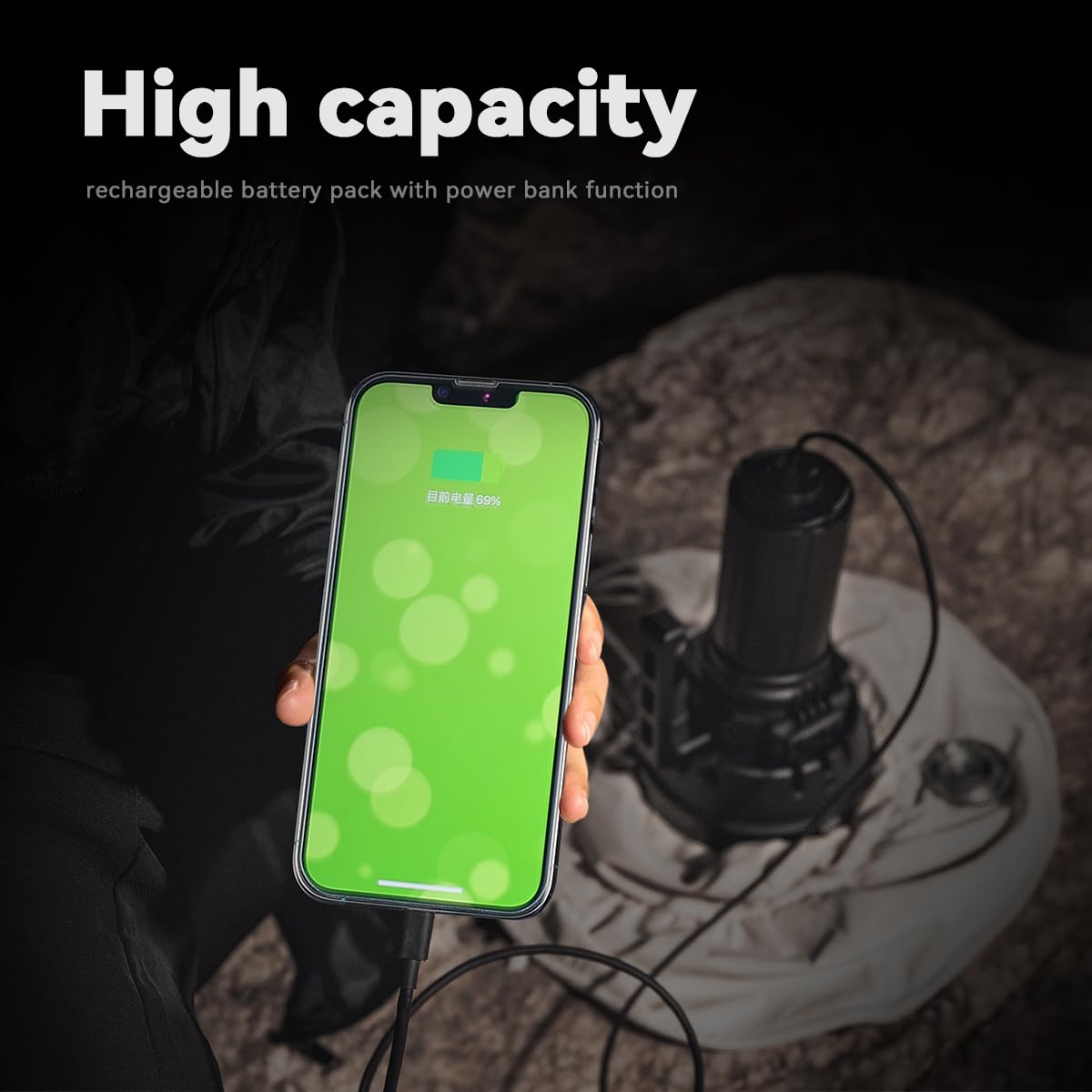 Promotional image highlighting the high capacity and rechargeable battery pack of the IMALENT MS32 flashlight, which also functions as a power bank