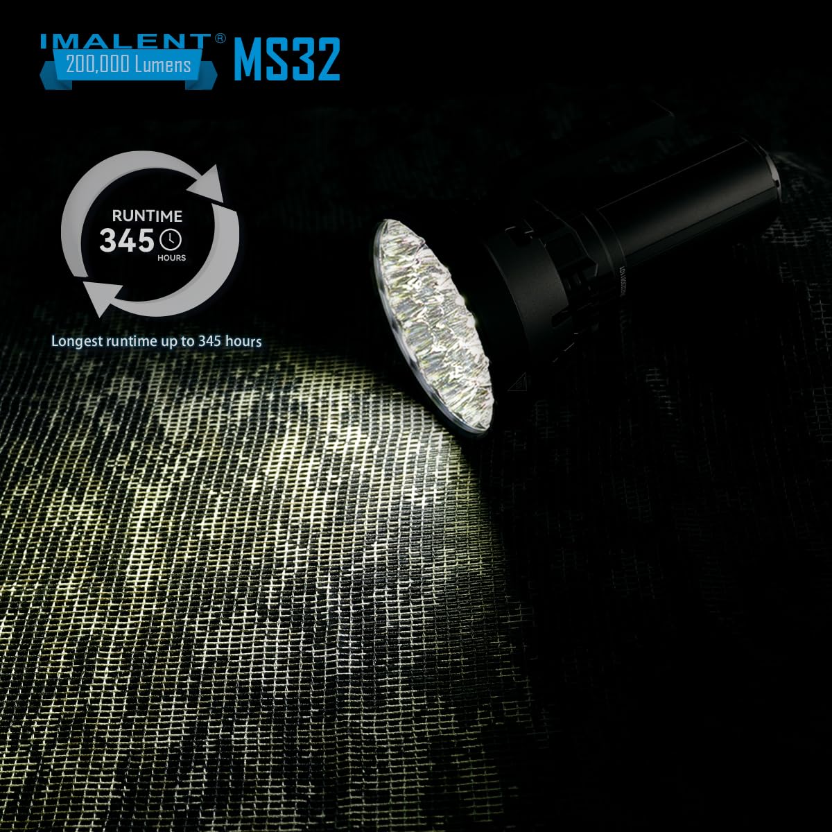 Promotional image for the IMALENT MS32 flashlight, emphasizing its long runtime of up to 345 hours. The flashlight is shown lying on a textured surface with its powerful beam illuminating a section of the surface.