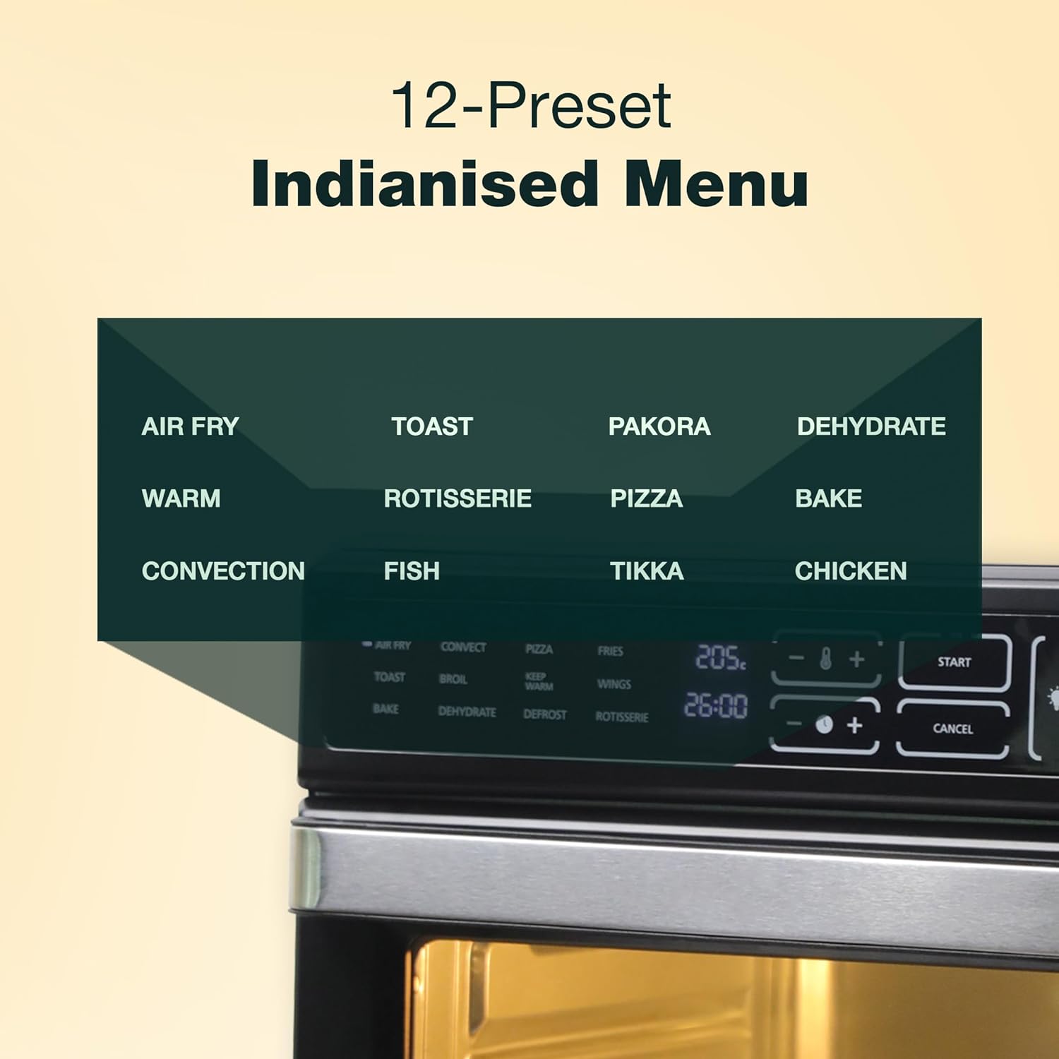 Air fryer with 12-preset Indianised menu featuring options like air fry, rotisserie, tikka, and pakora.