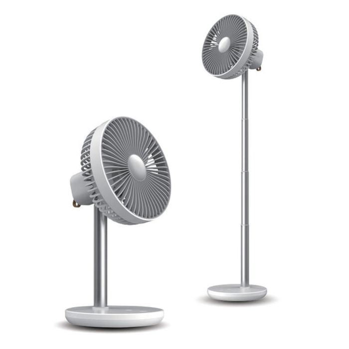 Adjustable height white standing fan with a modern design, featuring a telescopic pole and sleek circular base, perfect for tabletop or floor use, delivering versatile and efficient cooling for any space.