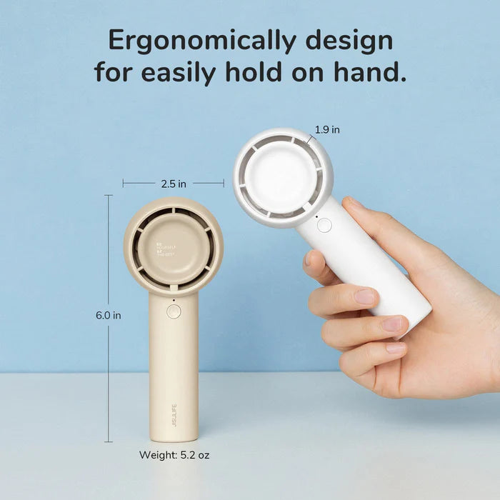 Ergonomically designed portable fan with dimensions of 6.0 inches in height and 2.5 inches in width, weighing 5.2 ounces. The fan is easy to hold and handle, as demonstrated by a hand holding the white version, highlighting its compact and lightweight design.