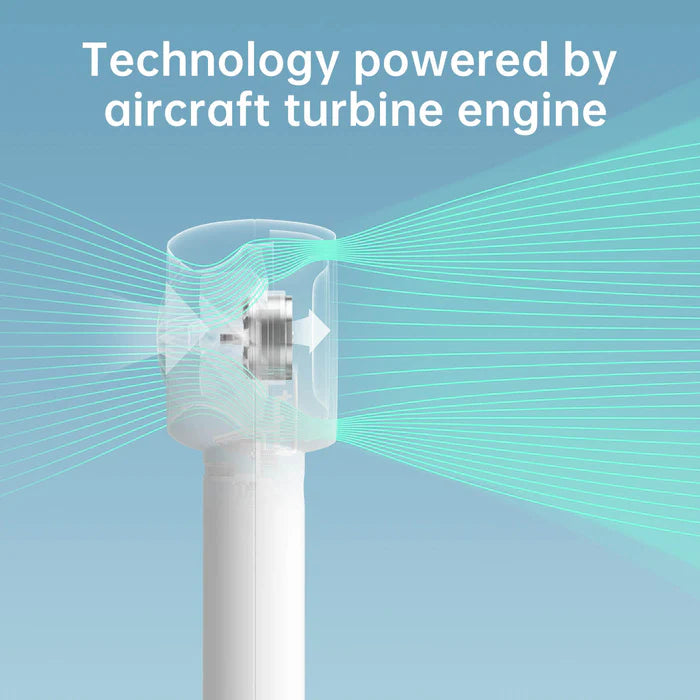 Image illustrating a handheld fan's technology, which is powered by an aircraft turbine engine, showing enhanced airflow and efficiency.