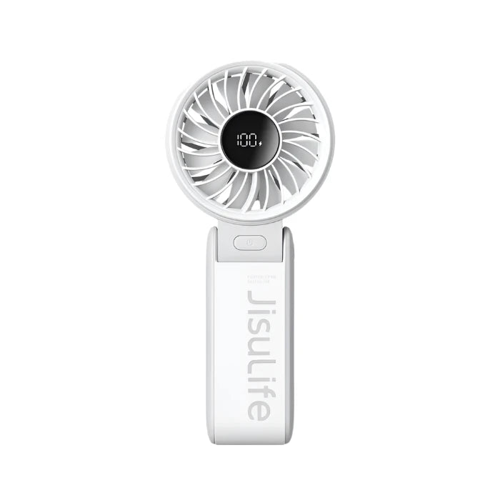 Jisulife portable fan with foldable handle and digital display, featuring a sleek white design.