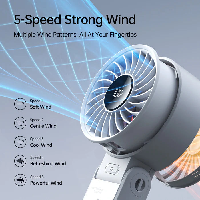 Jisulife portable fan with 5-speed strong wind modes, multiple wind patterns, and easy fingertip control for personalized cooling.