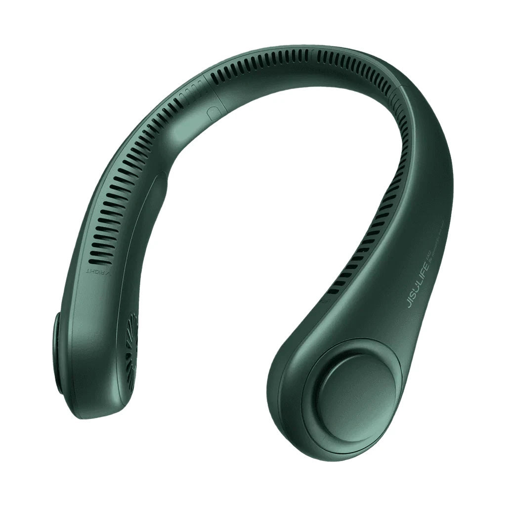 Modern green JisuLife wearable neck fan with a bladeless design, featuring 360-degree air vents for quiet, efficient, and hands-free cooling with a stylish ergonomic fit.