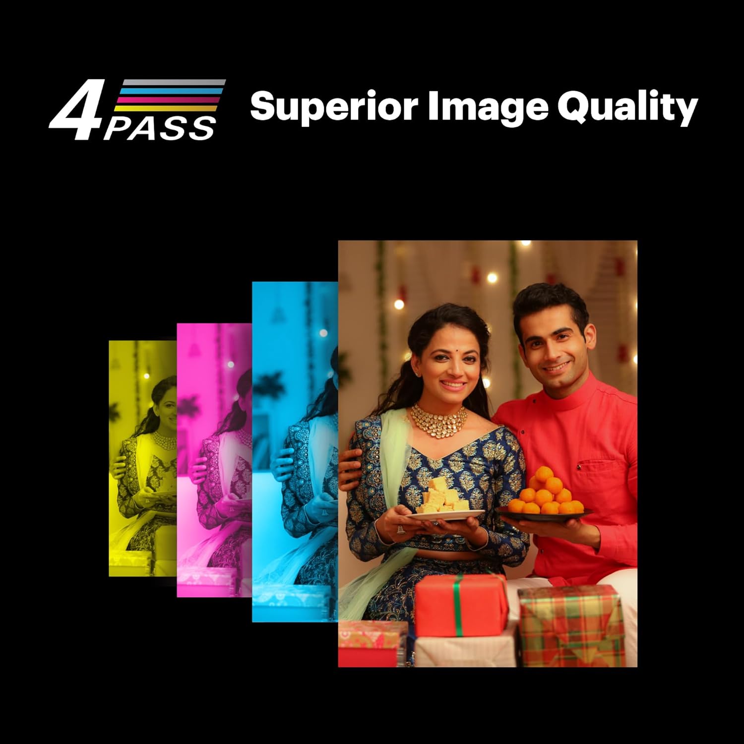 This image demonstrates the 4Pass technology used for superior image quality in photo printing, showing a four-layer process (yellow, magenta, cyan, and overlay) that results in vibrant, high-resolution prints. Let me know if you need further details!