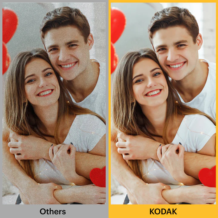 A side-by-side comparison of image quality, with the left labeled "Others" showing a grainy, faded photo and the right labeled "KODAK" displaying a vibrant, sharp, and well-lit version of the same image. The image features a smiling couple embracing, surrounded by red heart decorations, highlighting the superior clarity and color accuracy of Kodak's image processing.