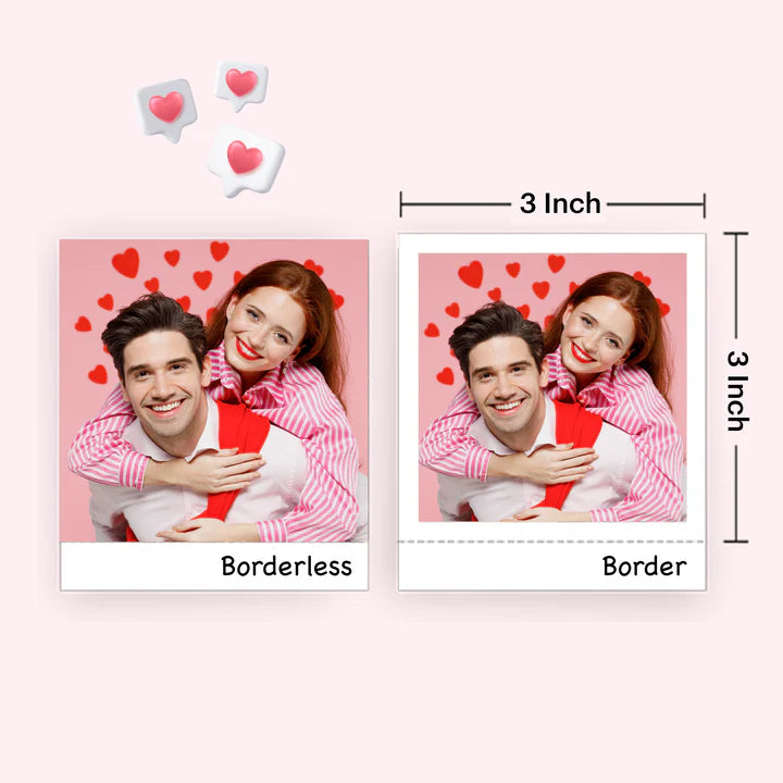 A comparison of two 3-inch Kodak photo prints, one borderless and one with a white border, featuring a smiling couple in a romantic setting with red hearts in the background.