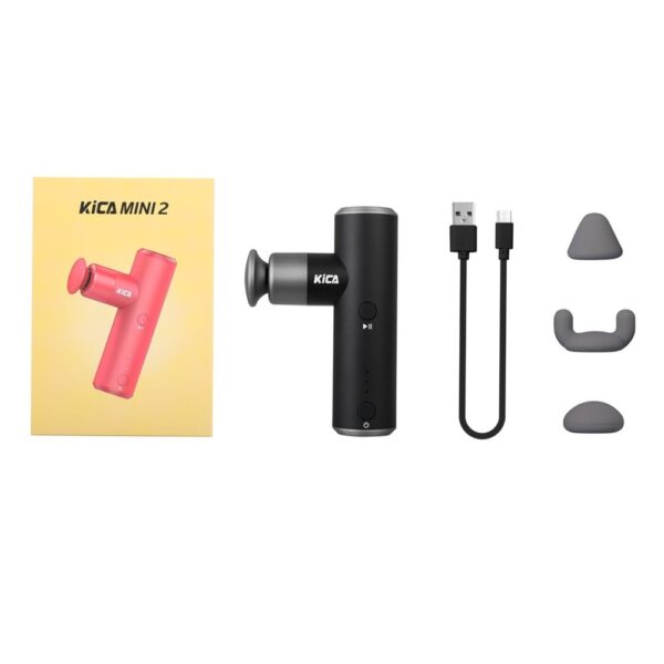 KICA Mini 2 package contents including the red and black massager, USB charging cable, and interchangeable massage heads