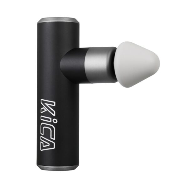 A black KICA Mini 2 massager with a white, conical silicone massage head attachment. The device features a sleek, cylindrical metal body with the KICA logo prominently displayed. The massage head is designed for precise muscle relief, emphasizing the product's compact and portable design ideal for personal use.