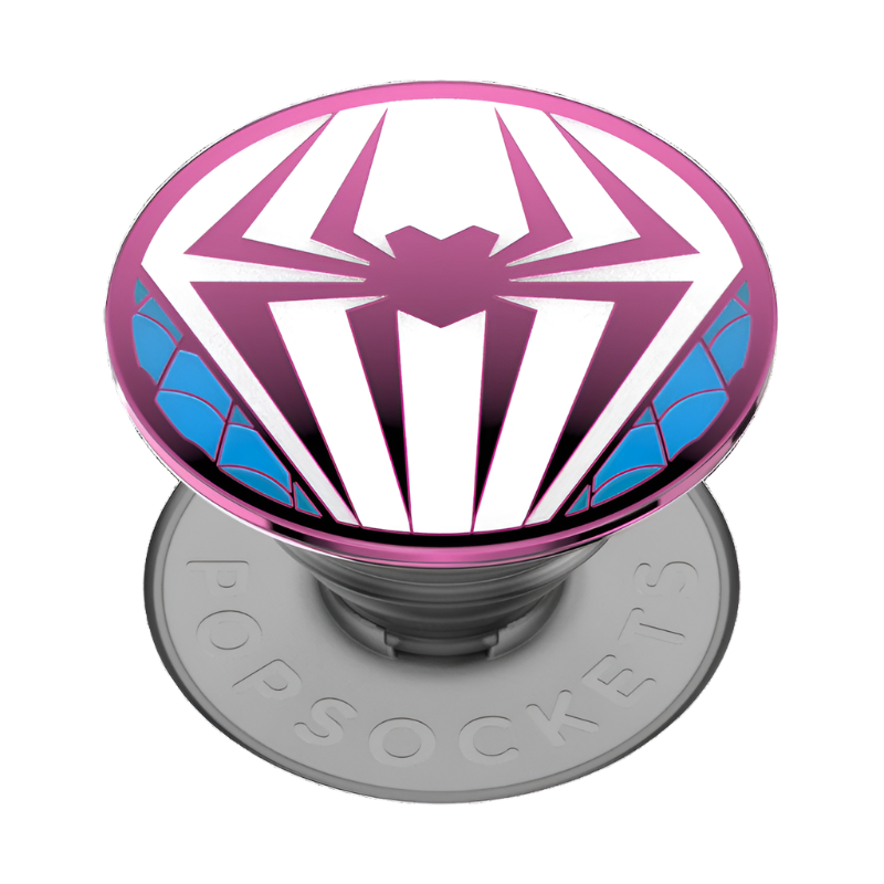 A PopSocket phone grip in its expanded state featuring a Spider-Man inspired design. The top surface displays a stylized white spider emblem on a pink background with blue accents. The base of the PopSocket is gray and has the word "POPSOCKETS" embossed on it. The accordion-like structure of the PopSocket is visible.