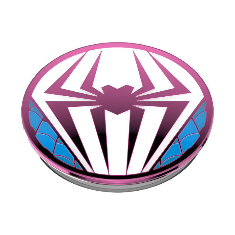 A PopSocket phone grip in a fully collapsed state featuring a Spider-Man inspired design. The top surface displays a stylized white spider emblem on a pink background with blue accents on the sides. The circular surface showcases the vibrant colors and striking emblem prominently. The base of the PopSocket is gray, partially visible due to the collapsed state.