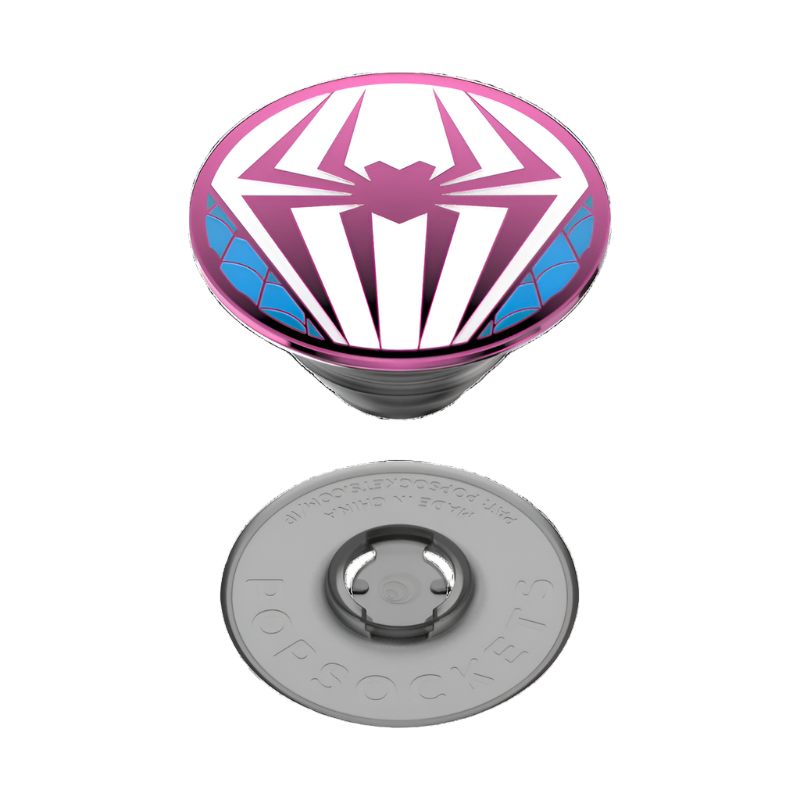  A PopSocket phone grip in an expanded state featuring a Spider-Man inspired design with a stylized white spider emblem on a pink background with blue accents on the sides. Below the expanded PopSocket is its detachable gray base, which has the word "POPSOCKETS" embossed on it. The base shows the attachment mechanism, highlighting the PopSocket's detachable nature.