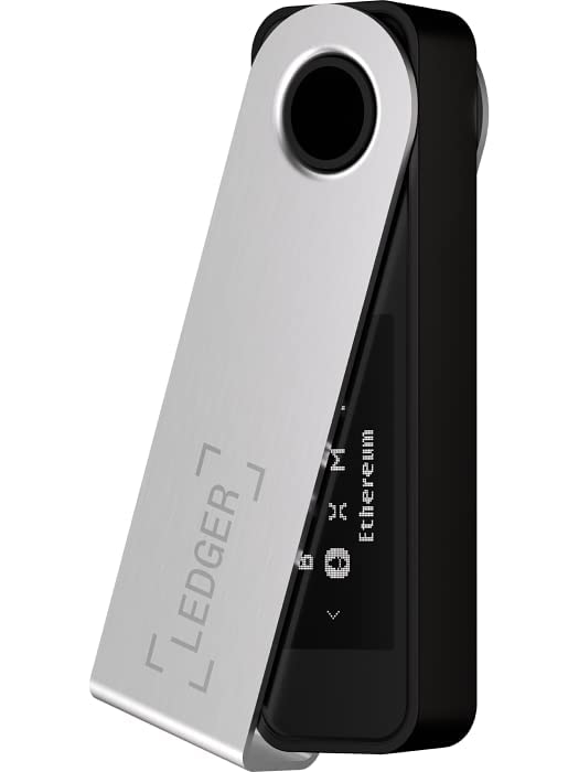 The image is another close-up of the Ledger Nano S Plus hardware wallet in its open position. The device features a brushed metal cover with the "Ledger" logo engraved, which is partially open to reveal the black body of the device. The screen displays various cryptocurrency icons, with "Ethereum" visible. The overall design emphasizes a sleek, modern aesthetic with a focus on security and functionality, characteristic of Ledger's hardware wallets.