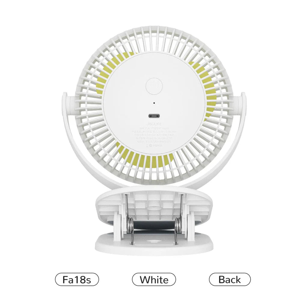 Back view of Fa18s portable fan in white with USB-C charging port.