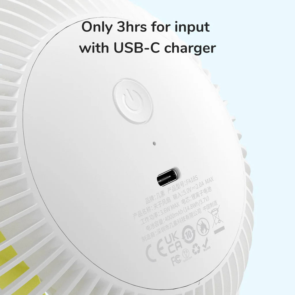 Portable fan with USB-C fast charging, recharges fully in 3 hours.