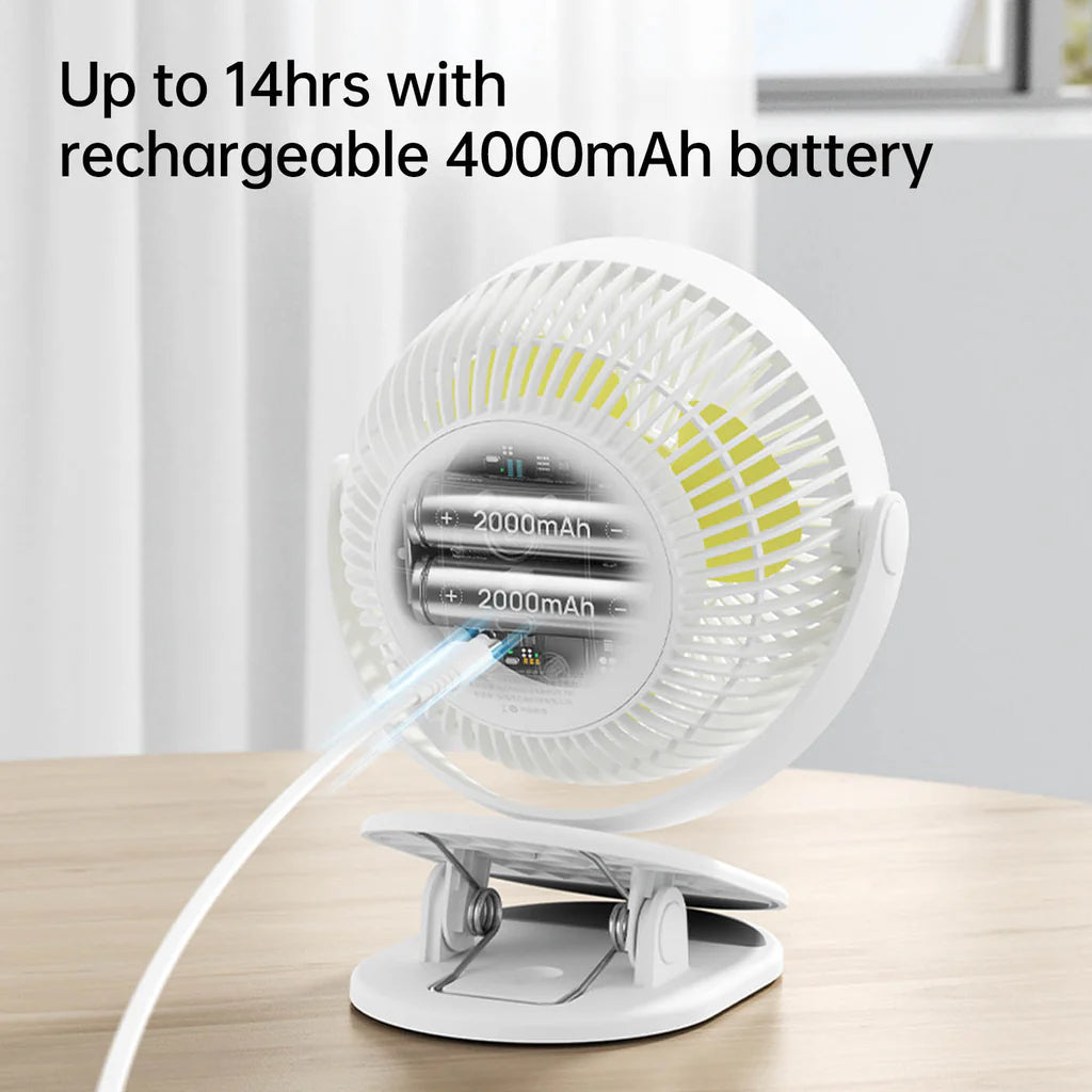 Portable fan with 4000mAh rechargeable battery, offering up to 14 hours of continuous use.