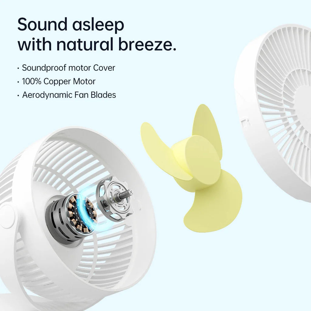 Quiet sleep fan with soundproof motor cover, 100% copper motor, and aerodynamic blades for natural airflow.