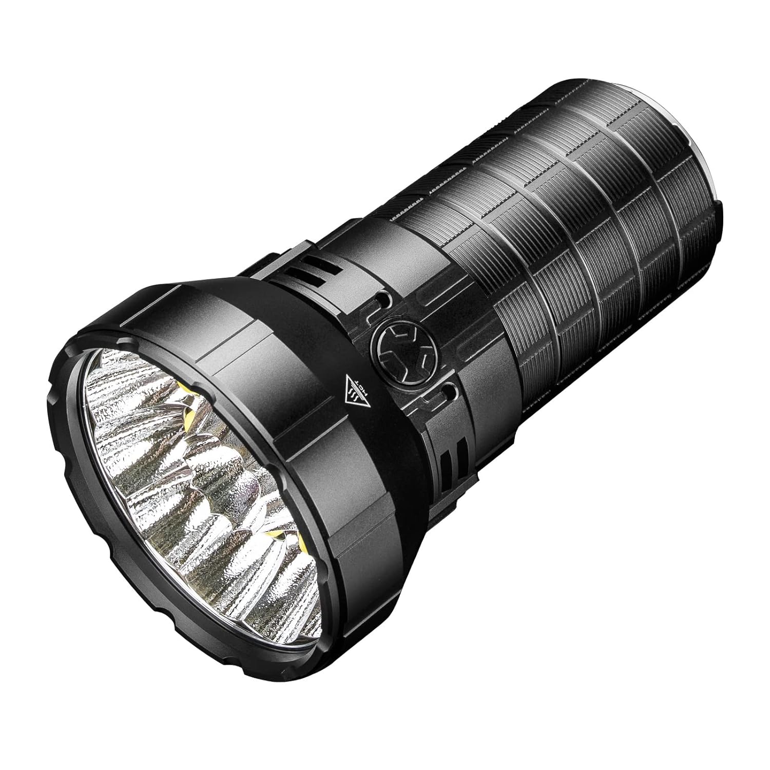  A close-up view of the IMALENT MS12 MINI flashlight. The flashlight features a robust black design with a large head housing multiple LED bulbs arranged in a circular pattern. The body is textured for a secure grip, and the overall construction is durable and heavy-duty, suitable for intense lighting needs. The flashlight has a sleek and powerful appearance, designed for high-performance use, and is a compact version of the larger MS12 model.